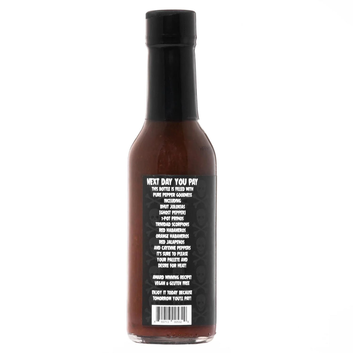 Rückseite der Flasche Next Day You Pay Hot Sauce mit Zutatenliste und Barcode