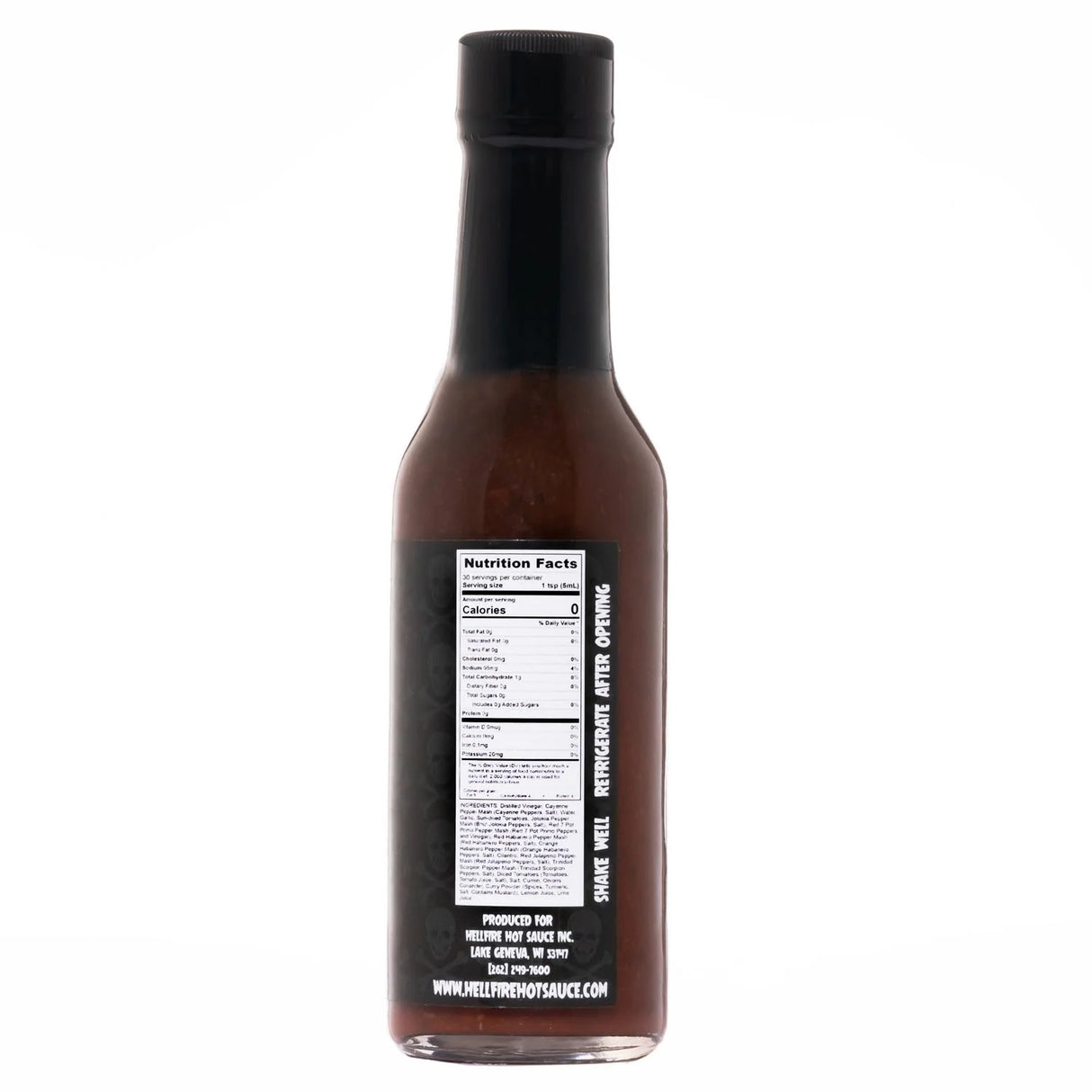Rückseite der Hellfire Hot Sauce Flasche mit Nährwertangaben und Zutatenliste