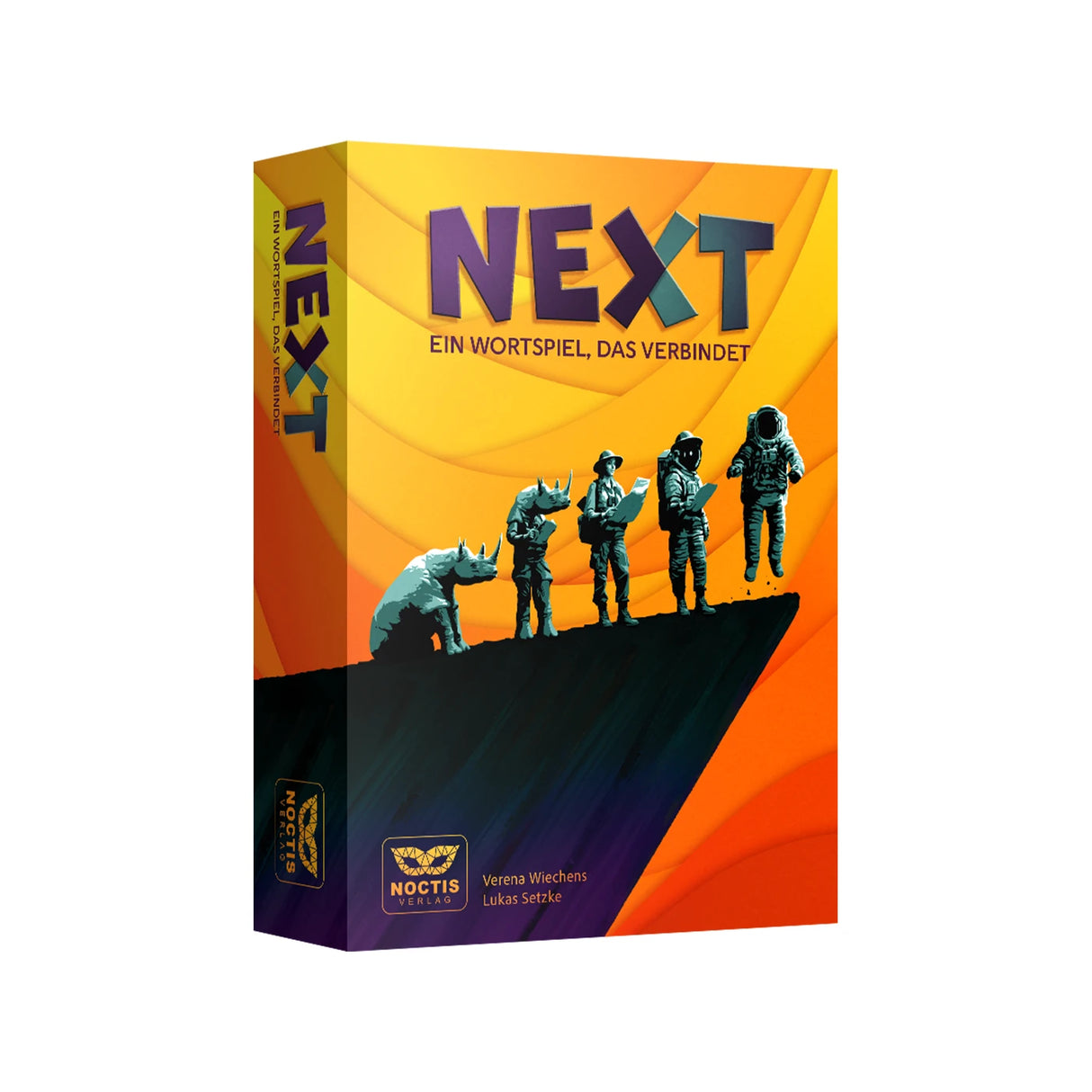 NEXT Brettspielbox mit Nashorn, drei Forschern und einem Astronauten auf einem orangefarbenen Hintergrund