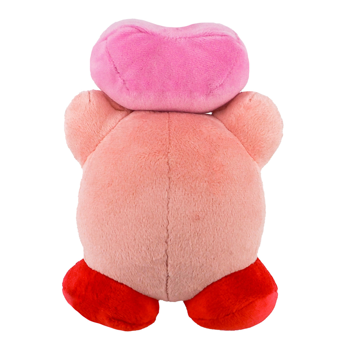 Rosa Kirby Plüschfigur von hinten mit einem rosa Herz auf dem Kopf