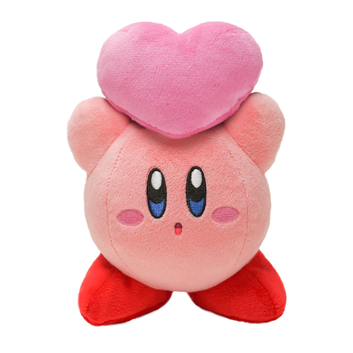 Plüschfigur von Kirby mit einem rosa Herz auf dem Kopf
