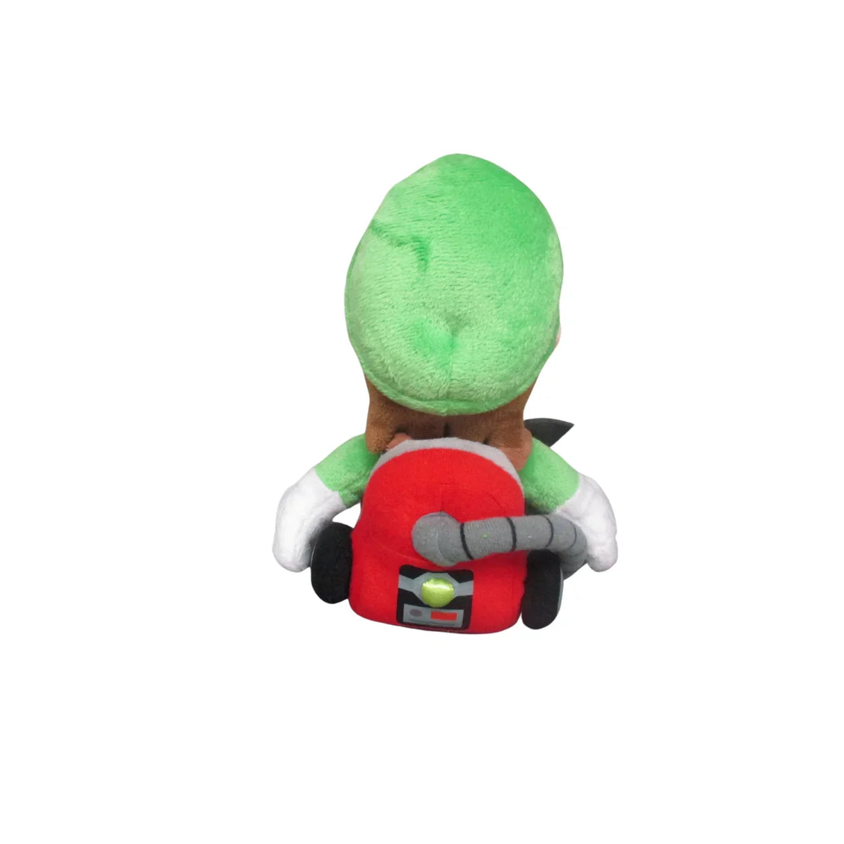 Plüschfigur von Luigi mit einem Staubsauger auf dem Rücken von hinten gesehen