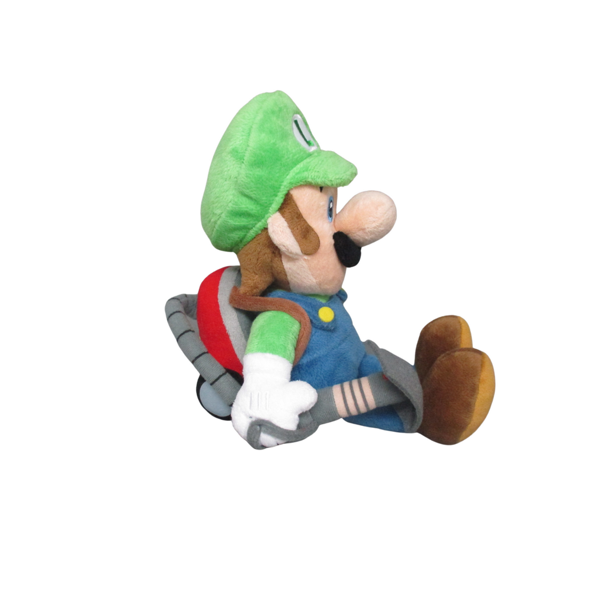 Plüschfigur von Luigi mit grünem Hut und Staubsaugerrucksack