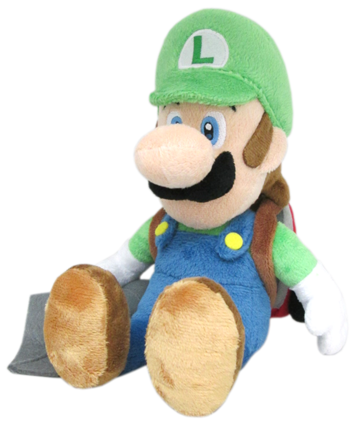 Plüschfigur von Luigi mit grünem Hut und blauem Overall