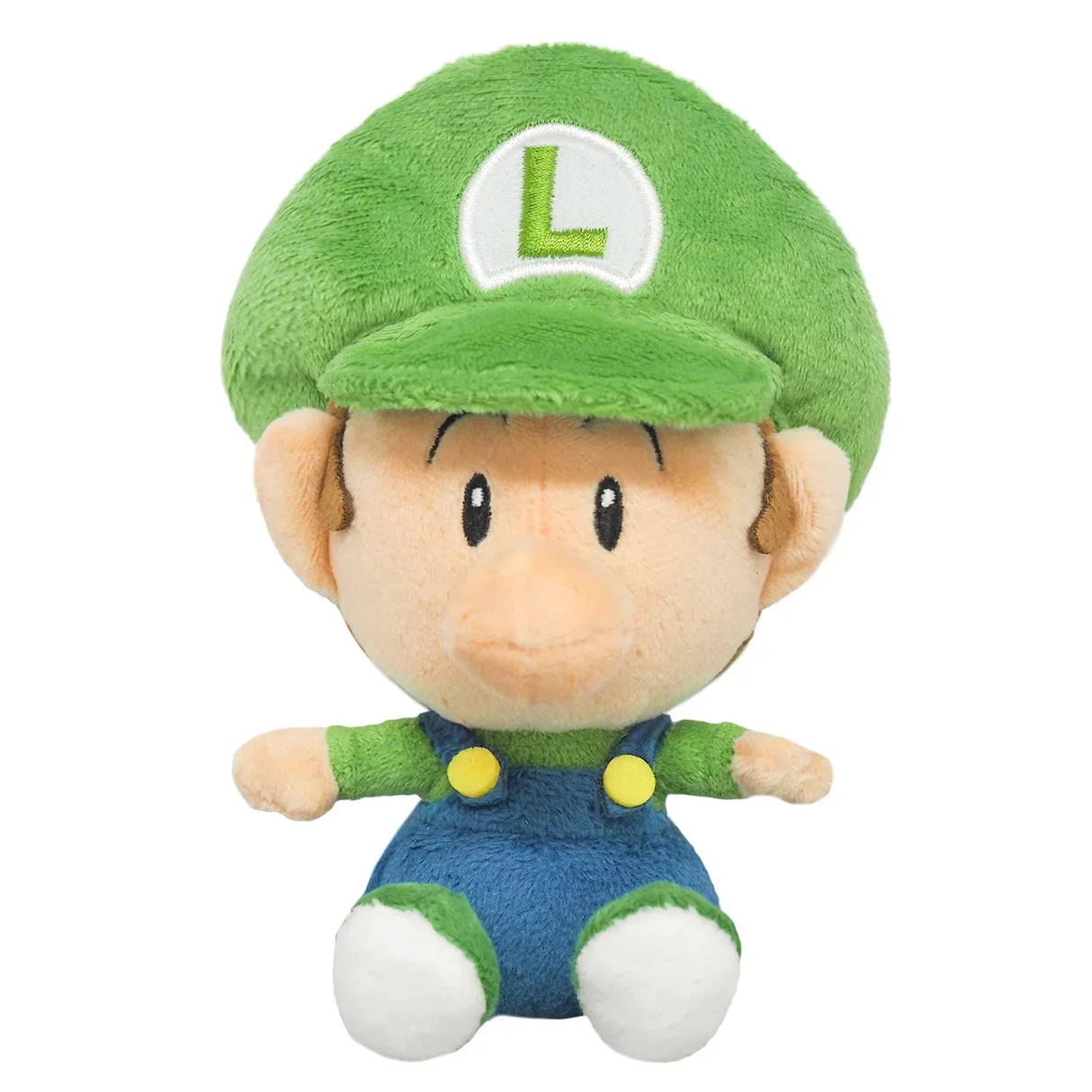 Plüschfigur von Baby Luigi mit grüner Mütze und blauer Latzhose