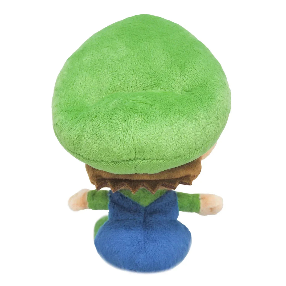Rueckansicht einer Luigi Plueschfigur mit gruener Muetze und blauer Latzhose