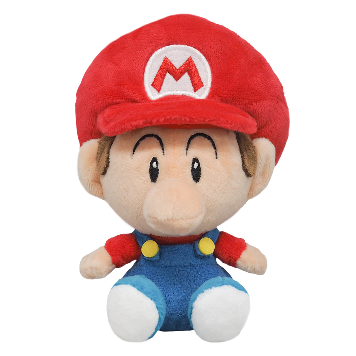 Plüschfigur von Baby Mario mit roter Mütze und blauer Latzhose