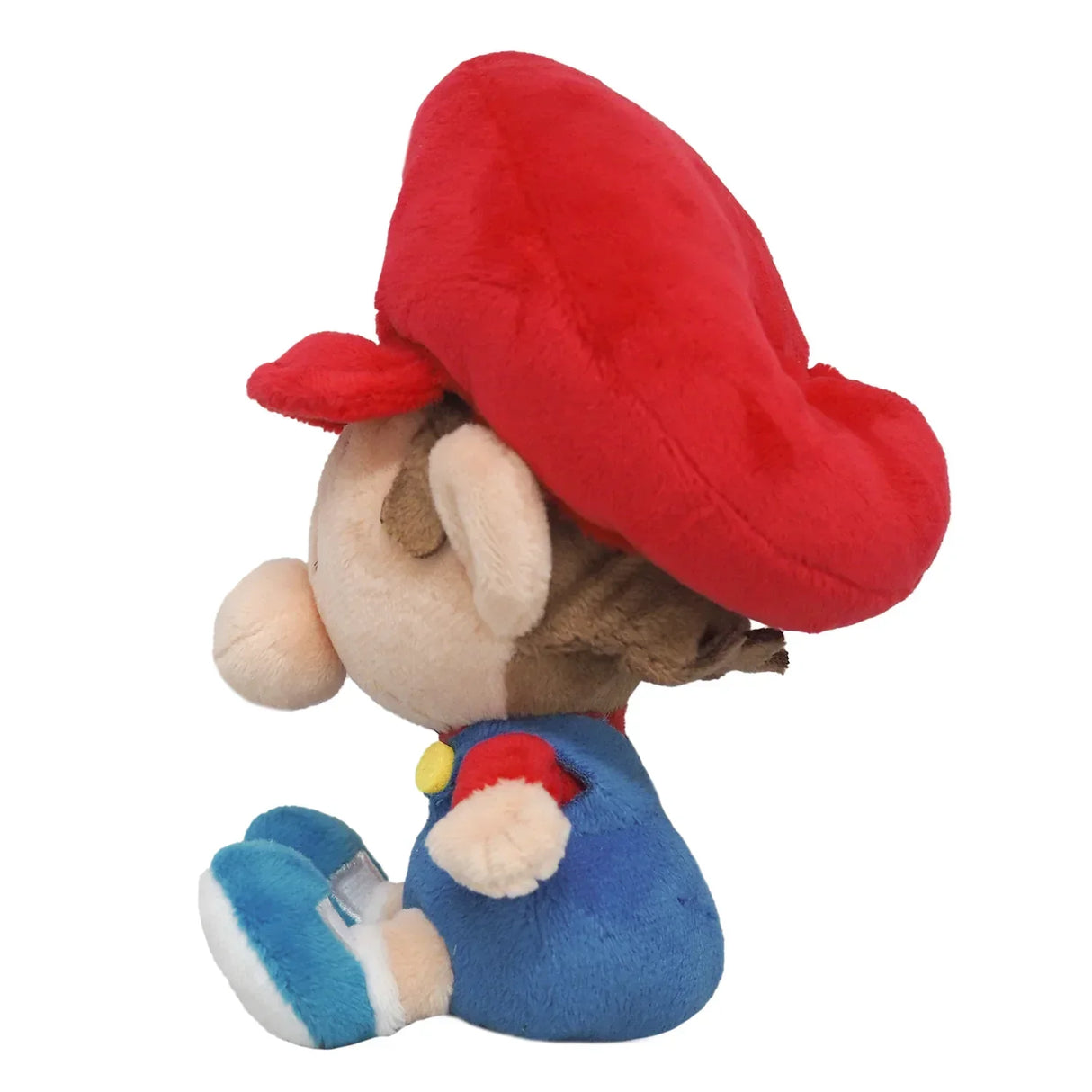 Plüschfigur Baby Mario in Seitenansicht mit roter Mütze und blauer Latzhose