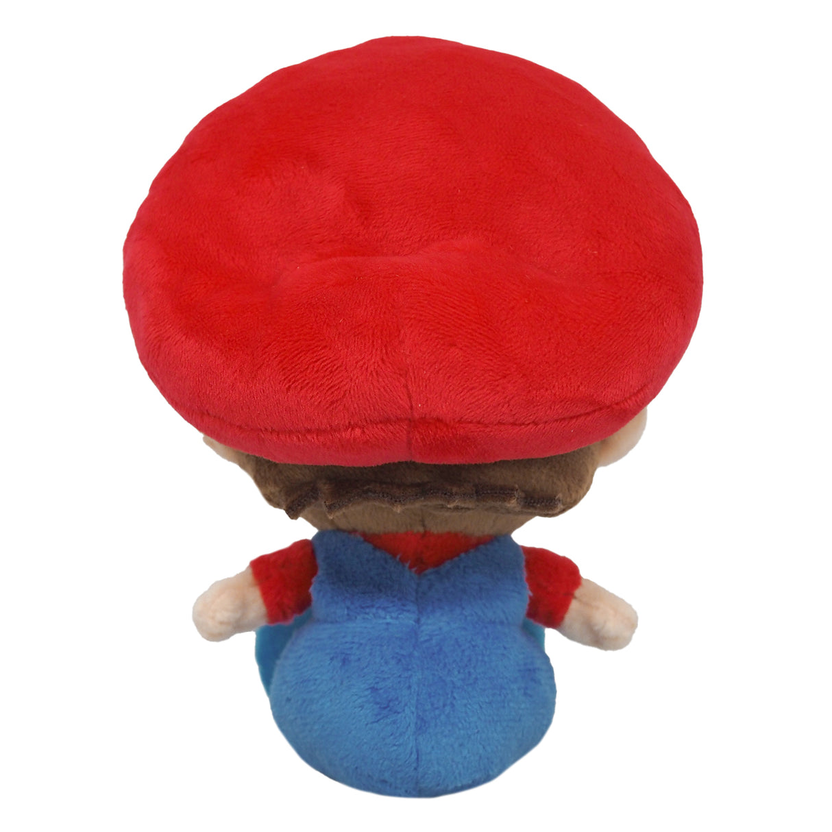 Plüschfigur von Mario in Rückansicht mit roter Mütze und blauer Latzhose
