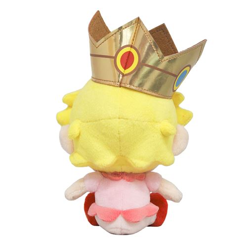 Rückansicht von Prinzessin Peach Plüschtier mit goldener Krone und rosa Kleid