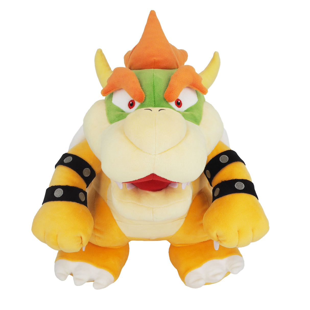Plüschfigur von Bowser aus Super Mario mit orangefarbenen Haaren und Stachelarmbändern
