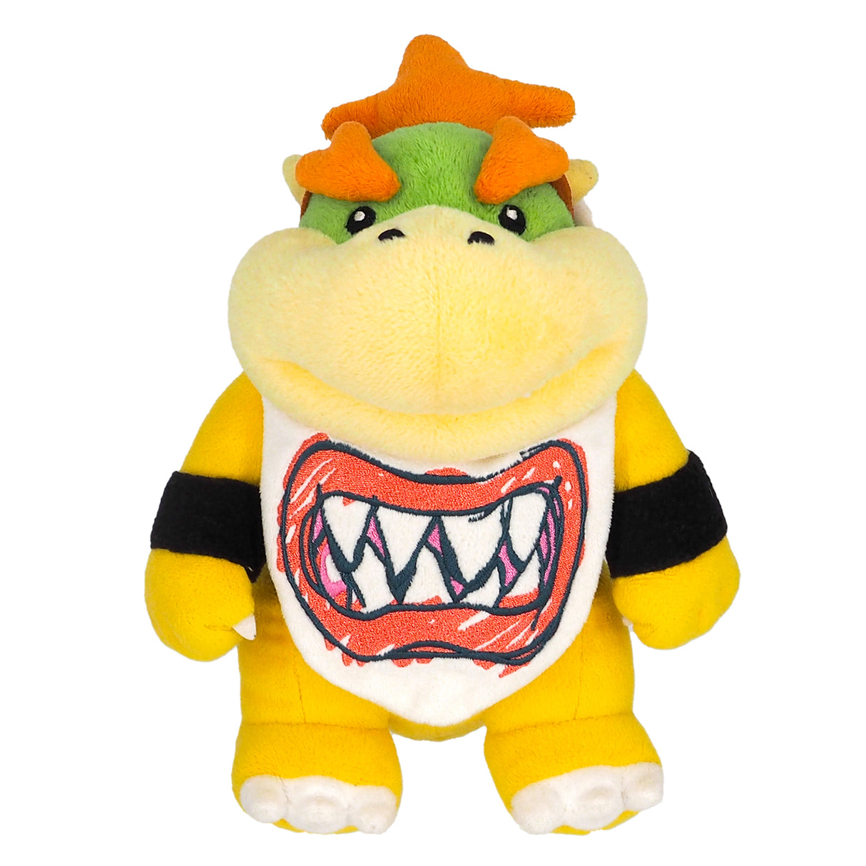 Plüschfigur von Bowser Jr mit Lätzchen und orangefarbenen Haaren
