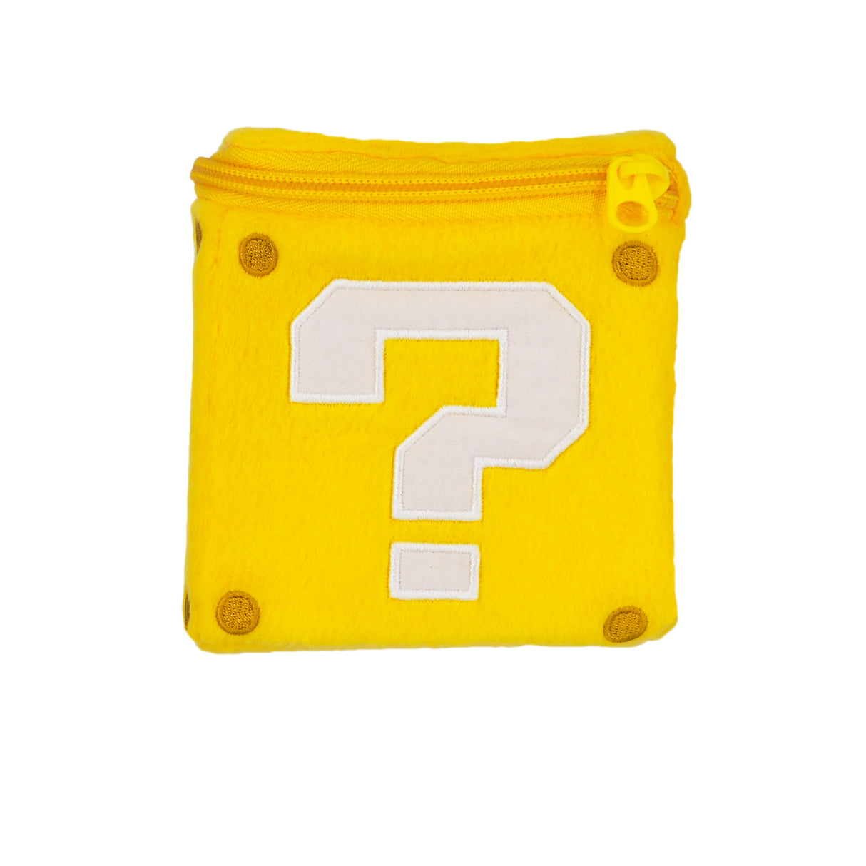 Gelbe Plueschtasche mit weissem Fragezeichen im Design eines Super Mario Fragezeichenblocks