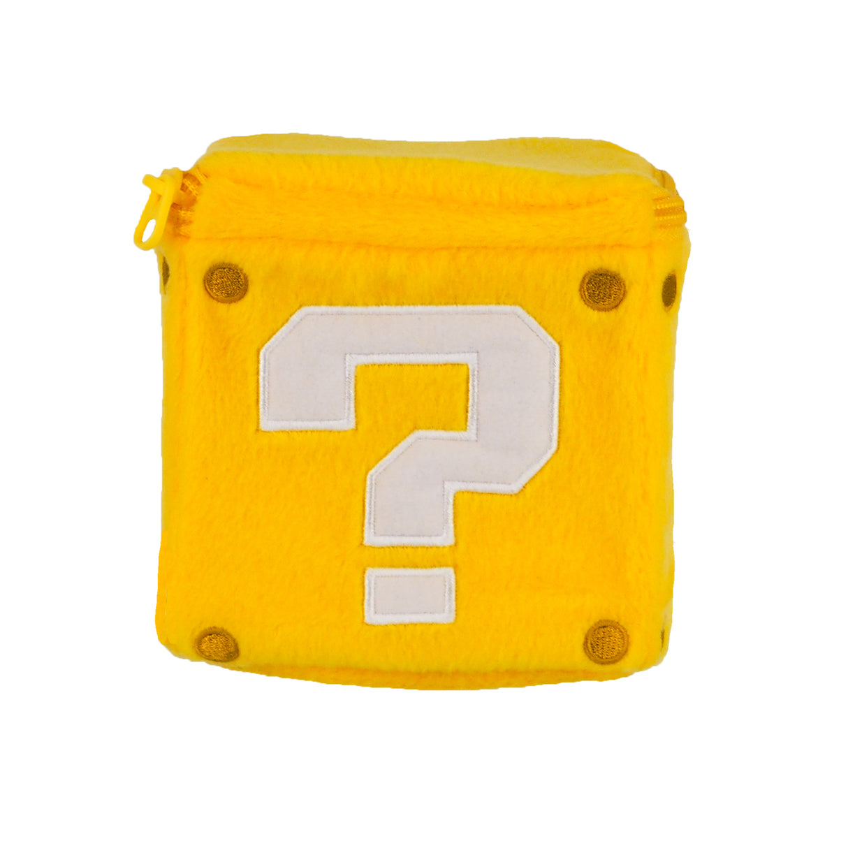 Gelbe Plueschtasche in Form eines wuerfelfoermigen Fragezeichenblocks mit Reissverschluss