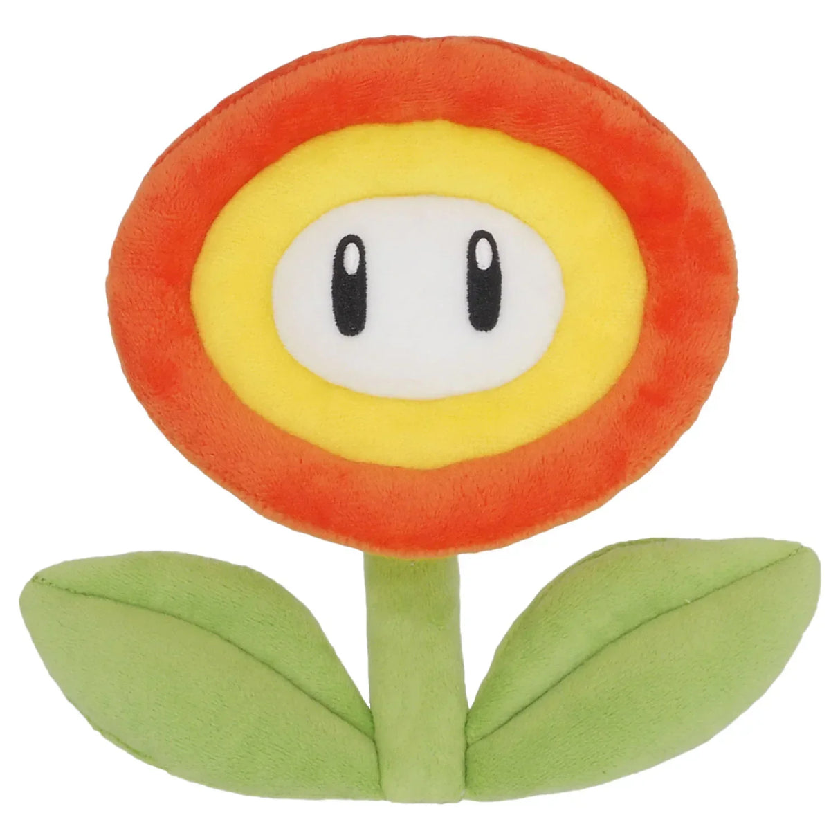 Plüschfigur einer Feuerblume mit orangefarbenen Blütenblättern und grünen Blättern