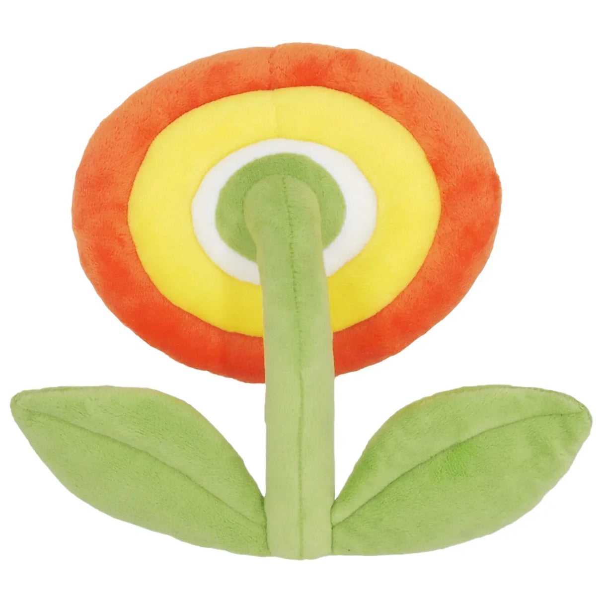 Plüschblume mit orange gelbem Blütenkopf und grünem Stiel mit zwei Blättern