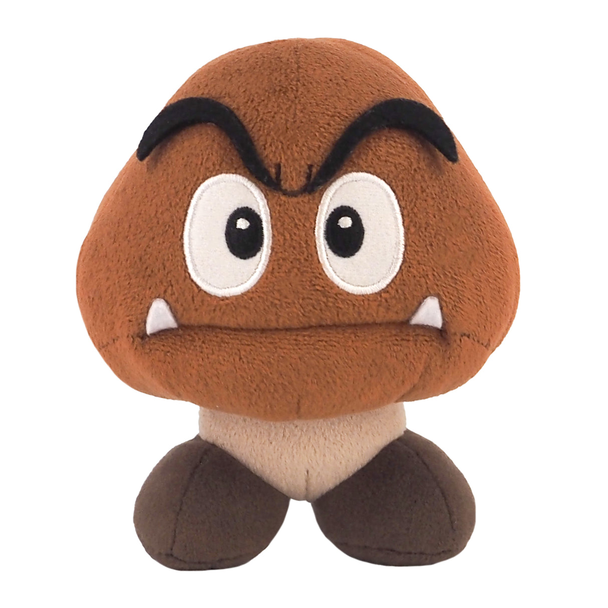 Braune Gumba Plüschfigur aus Super Mario mit weißen Augen und zwei kleinen Zähnen
