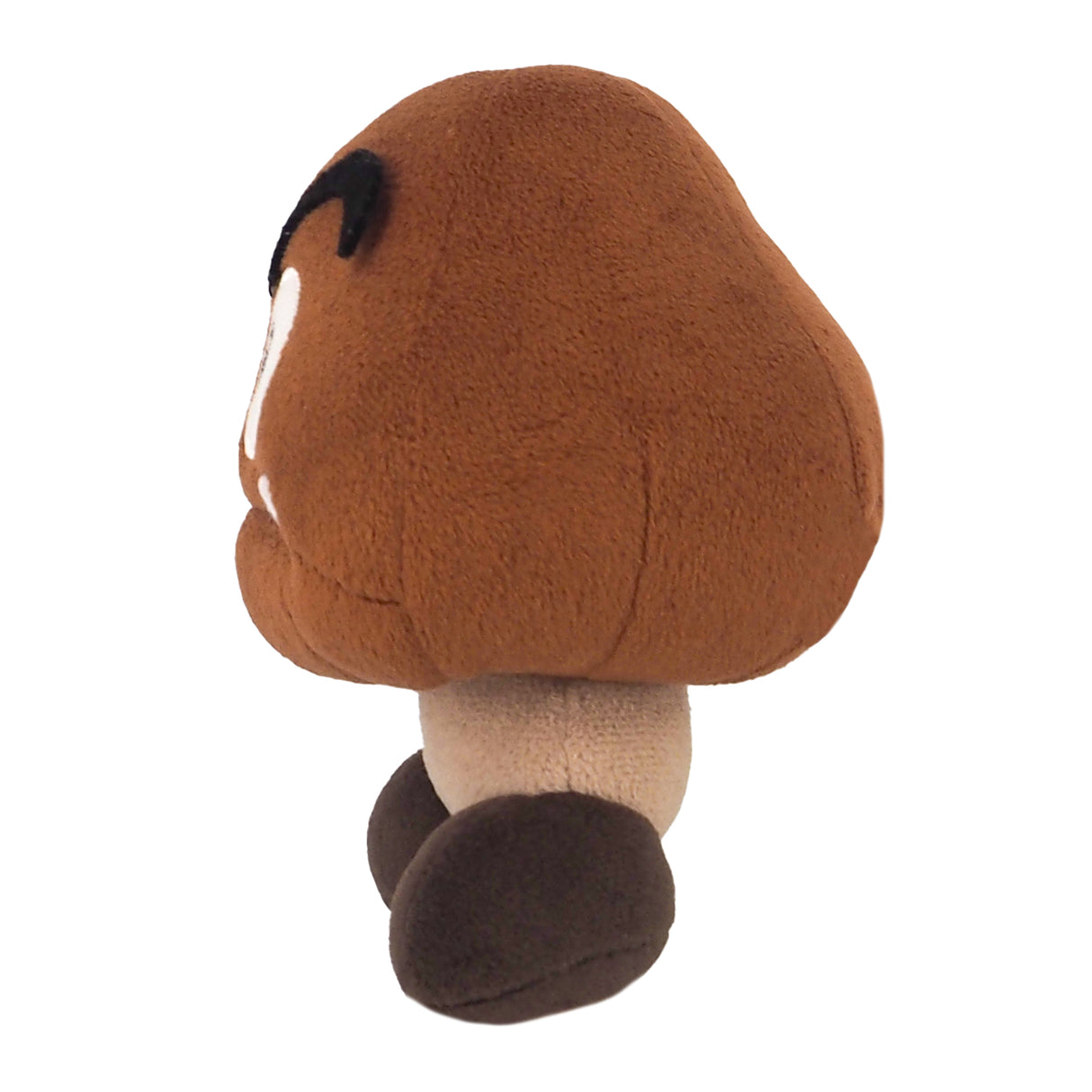 Braune Gumba Plüschfigur aus Super Mario in Seitenansicht