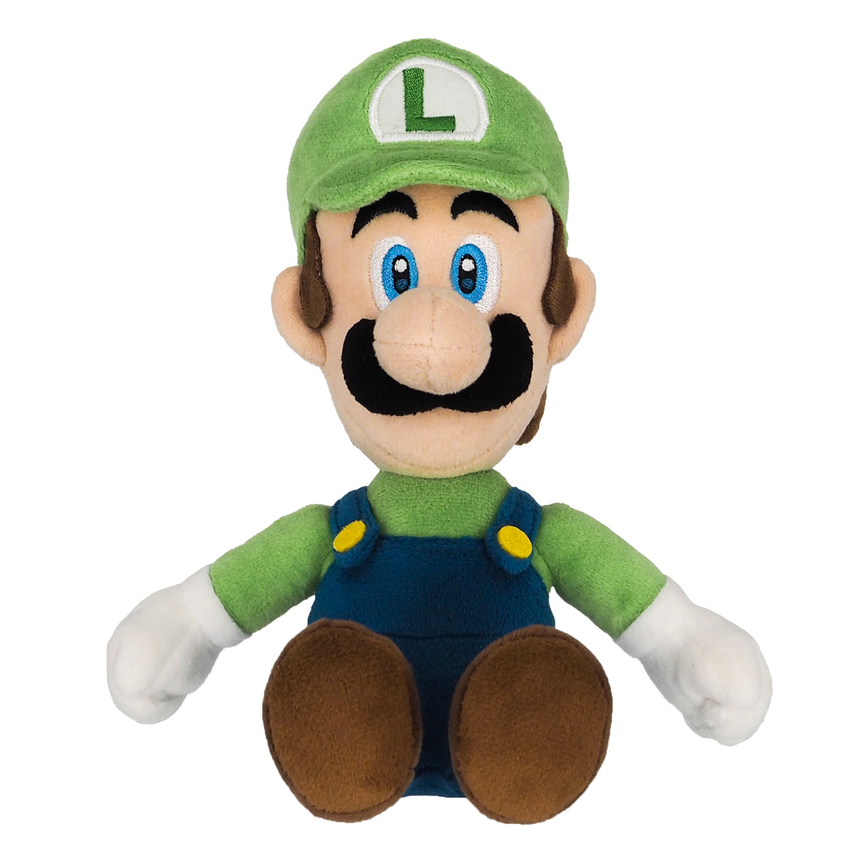 Plüschfigur von Luigi mit grünem Hut und blauer Latzhose