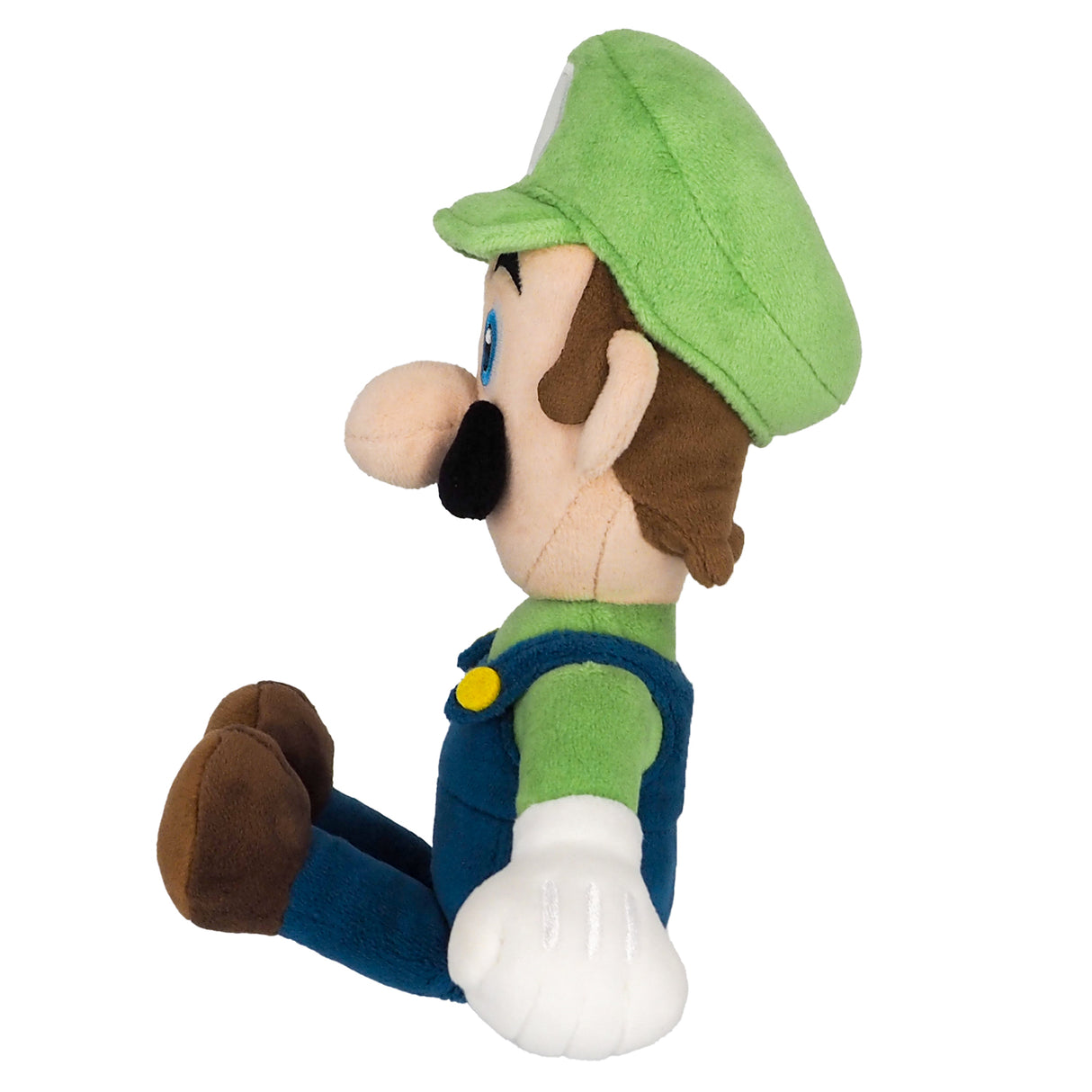 Plüschfigur von Luigi in Seitenansicht mit grüner Mütze und blauer Latzhose