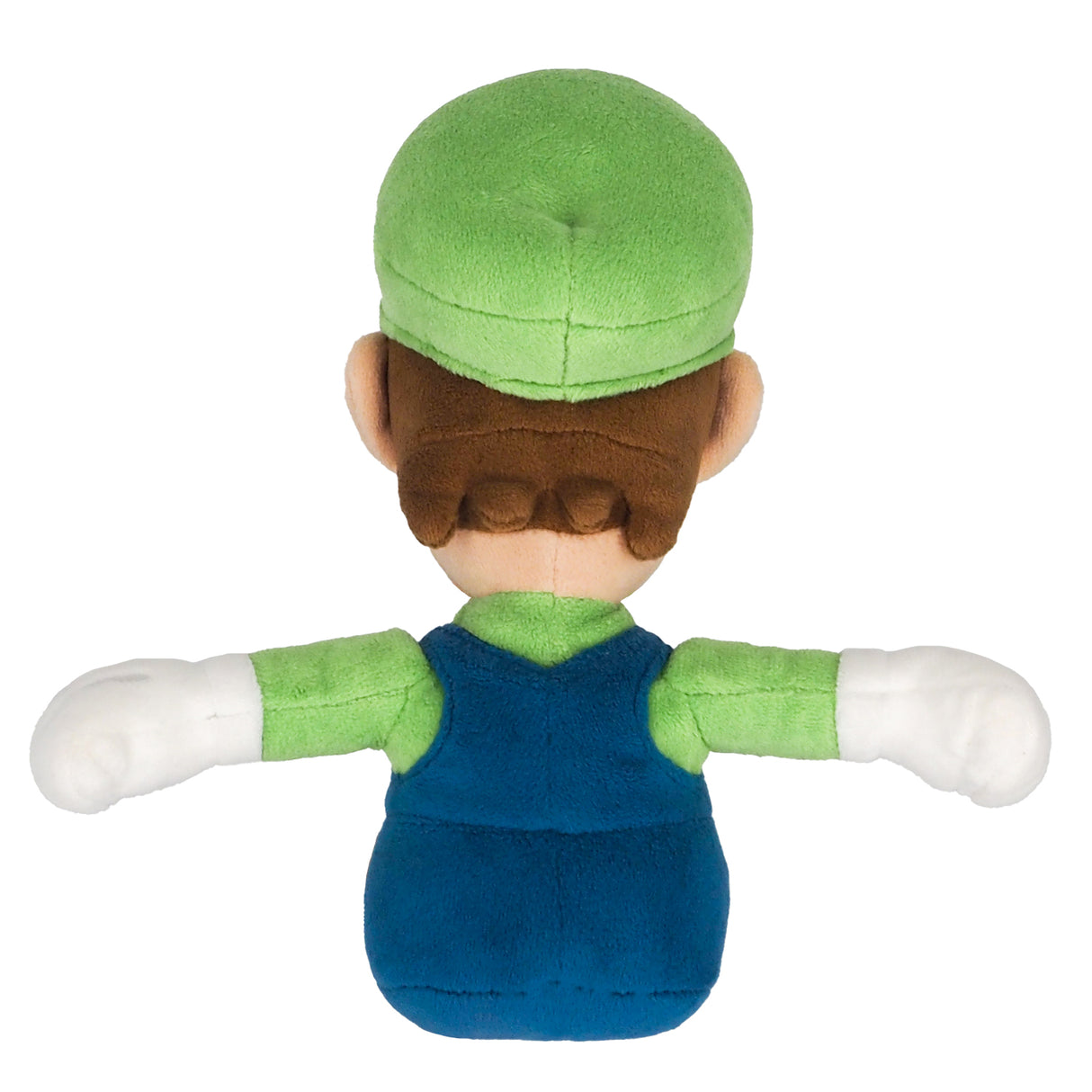 Rueckansicht einer Luigi Plueschfigur mit gruener Muetze und blauer Latzhose