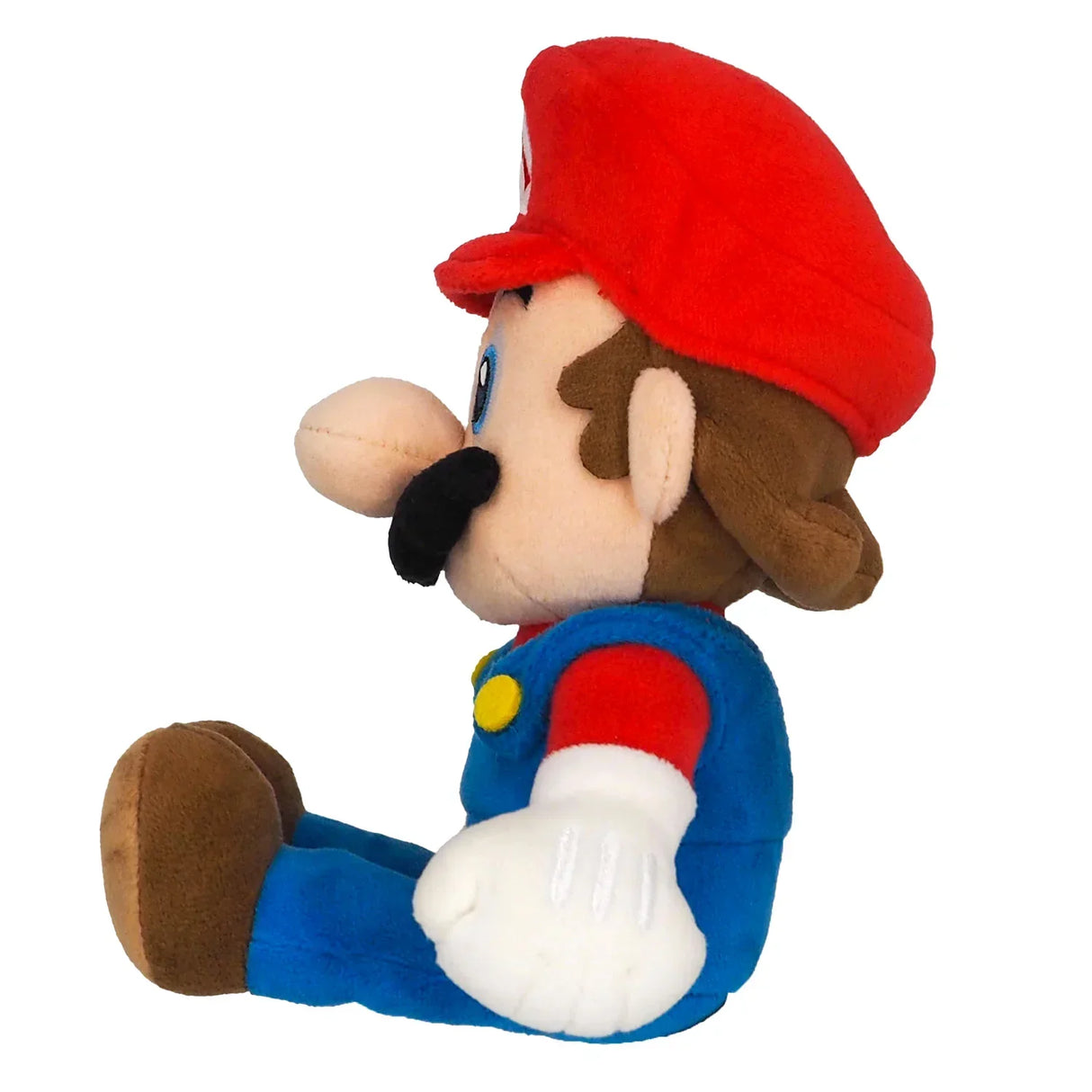 Plüschfigur von Mario in Seitenansicht mit roter Mütze und blauer Latzhose