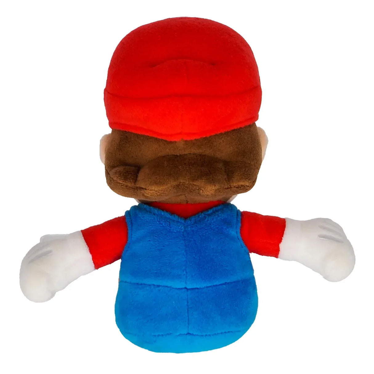Rueckansicht einer Mario Plueschfigur mit roter Muetze und blauer Latzhose