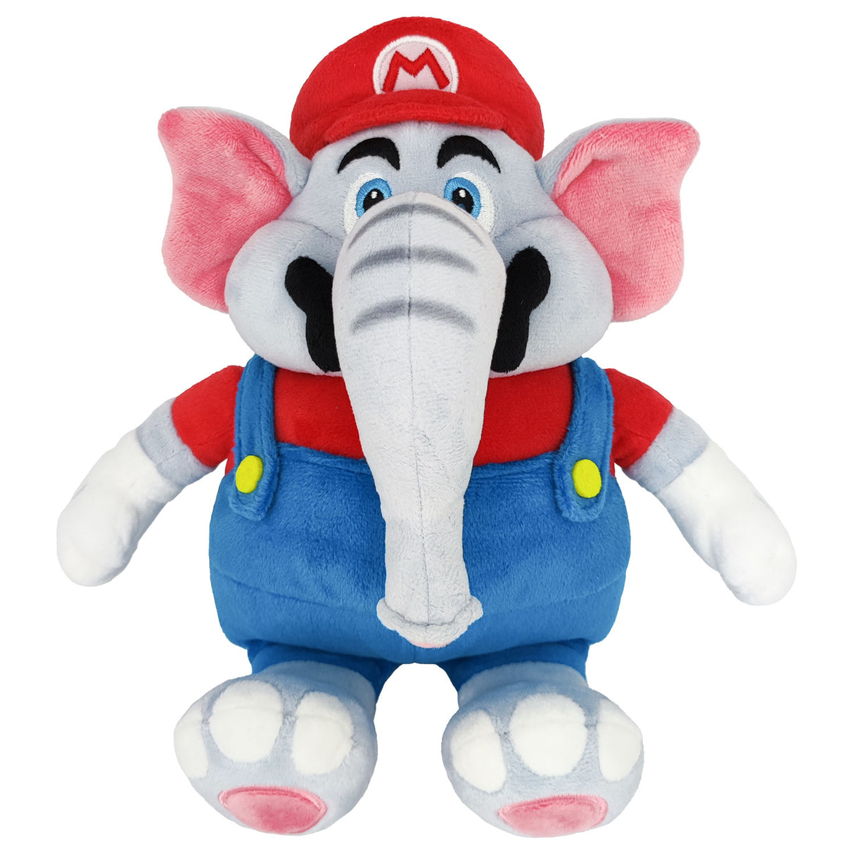 Plüschfigur Elefant Mario mit roter Mütze und blauer Latzhose