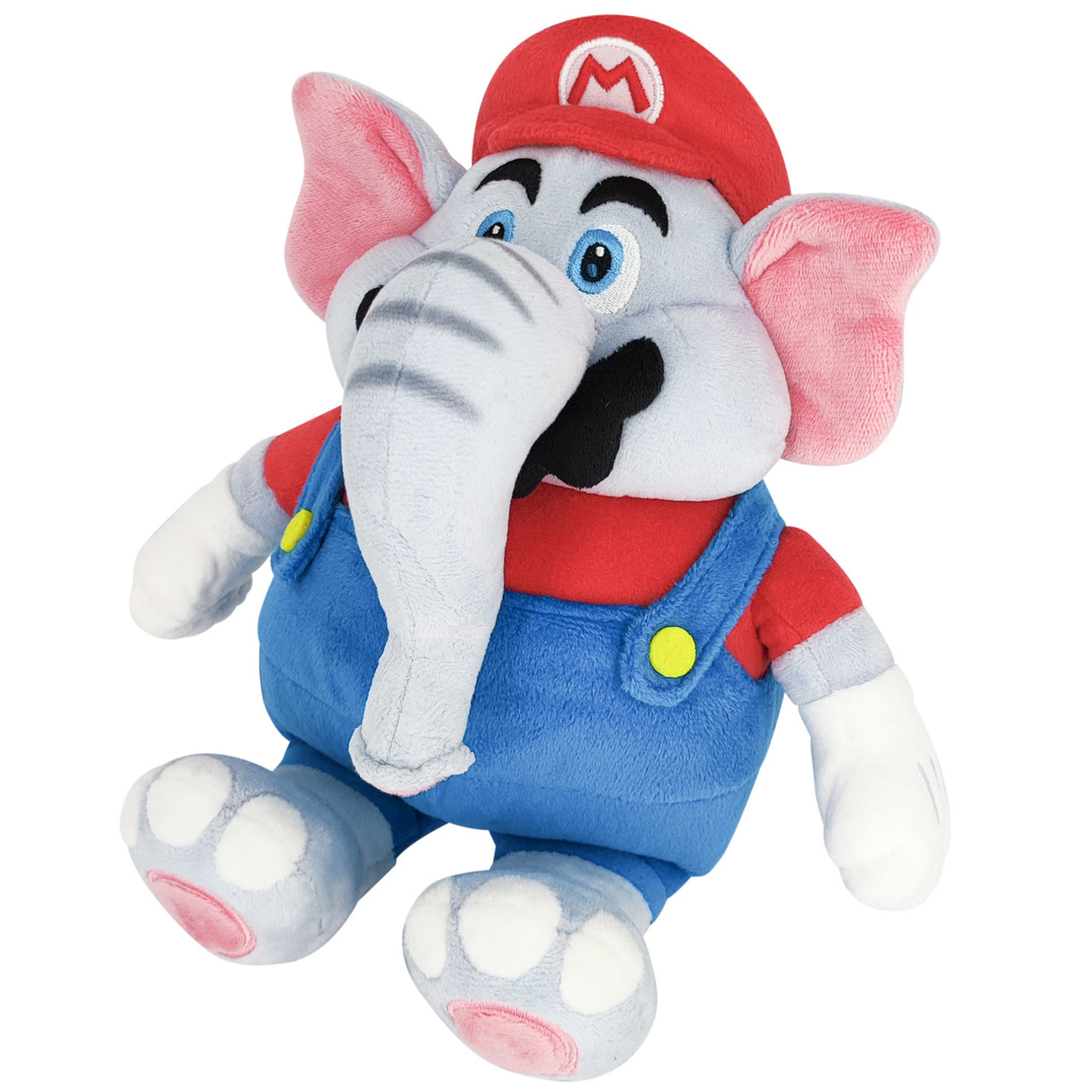 Plüschfigur Elefant Mario mit roter Mütze und blauer Latzhose