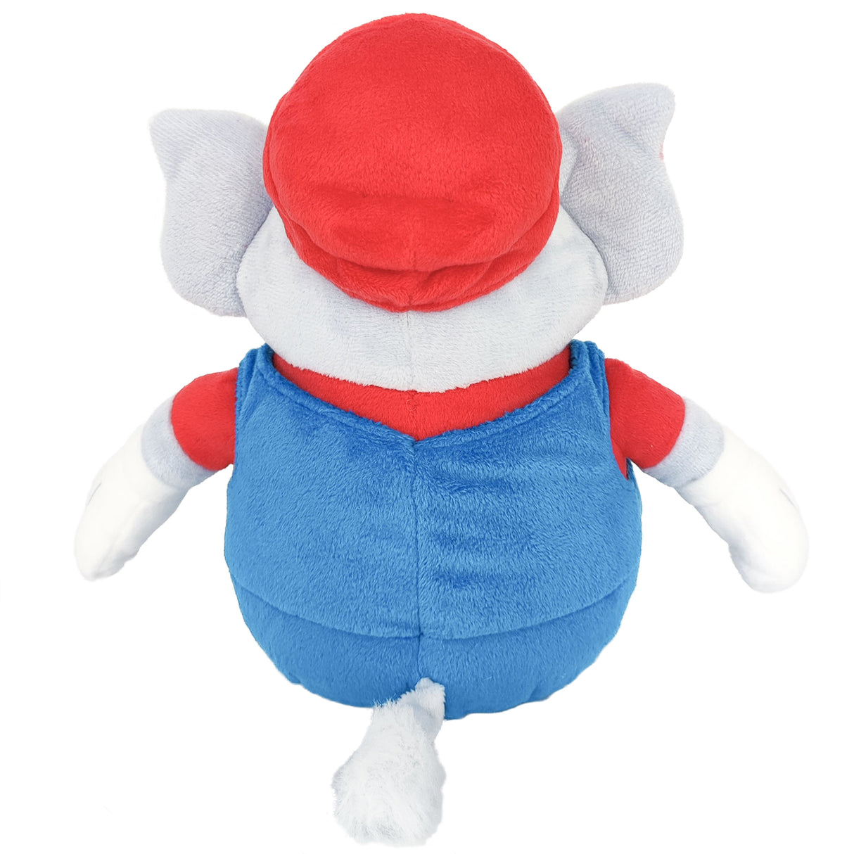 Rueckansicht einer Elefanten Mario Plueschfigur mit roter Muetze und blauer Latzhose