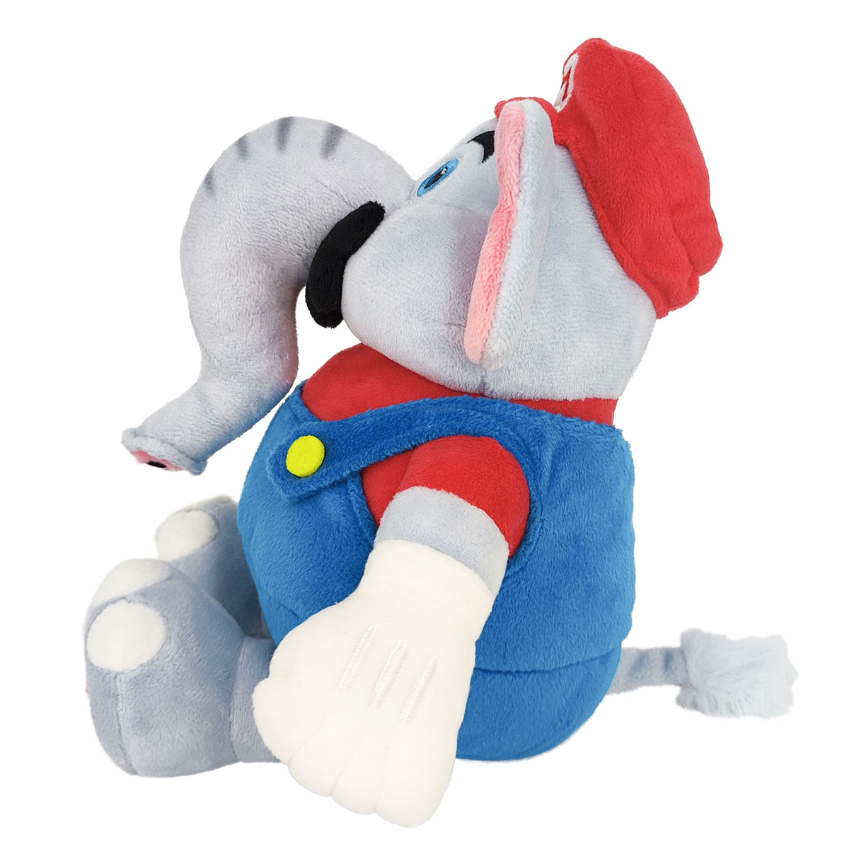 Plüschfigur Elefanten Mario mit roter Mütze und blauer Latzhose