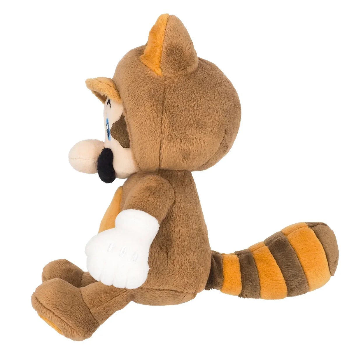 Plüschfigur von Mario im Waschbärenkostüm in Seitenansicht