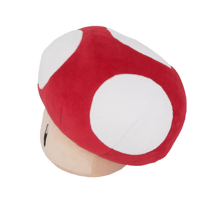 Plüschfigur in Form eines roten Super Mario Pilzes mit weißen Punkten