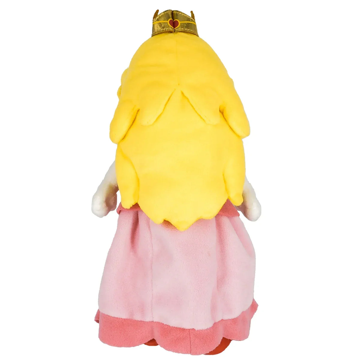 Plüschfigur von Prinzessin Peach von hinten mit gelbem Haar und goldener Krone