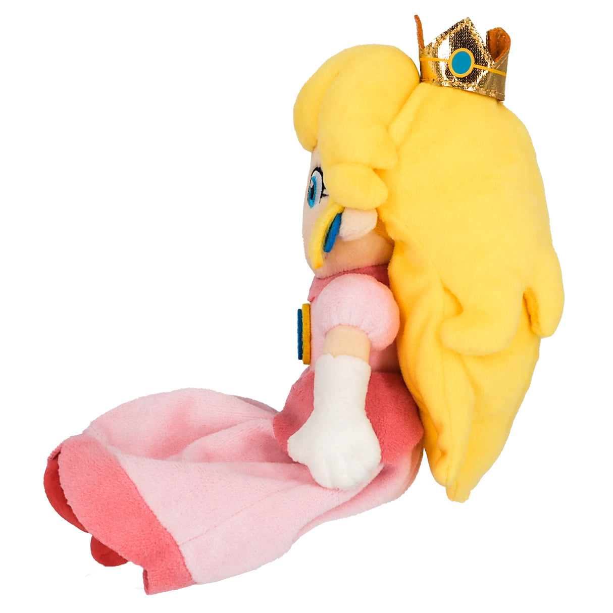 Plüschfigur Prinzessin Peach mit blondem Haar und goldener Krone in Seitenansicht