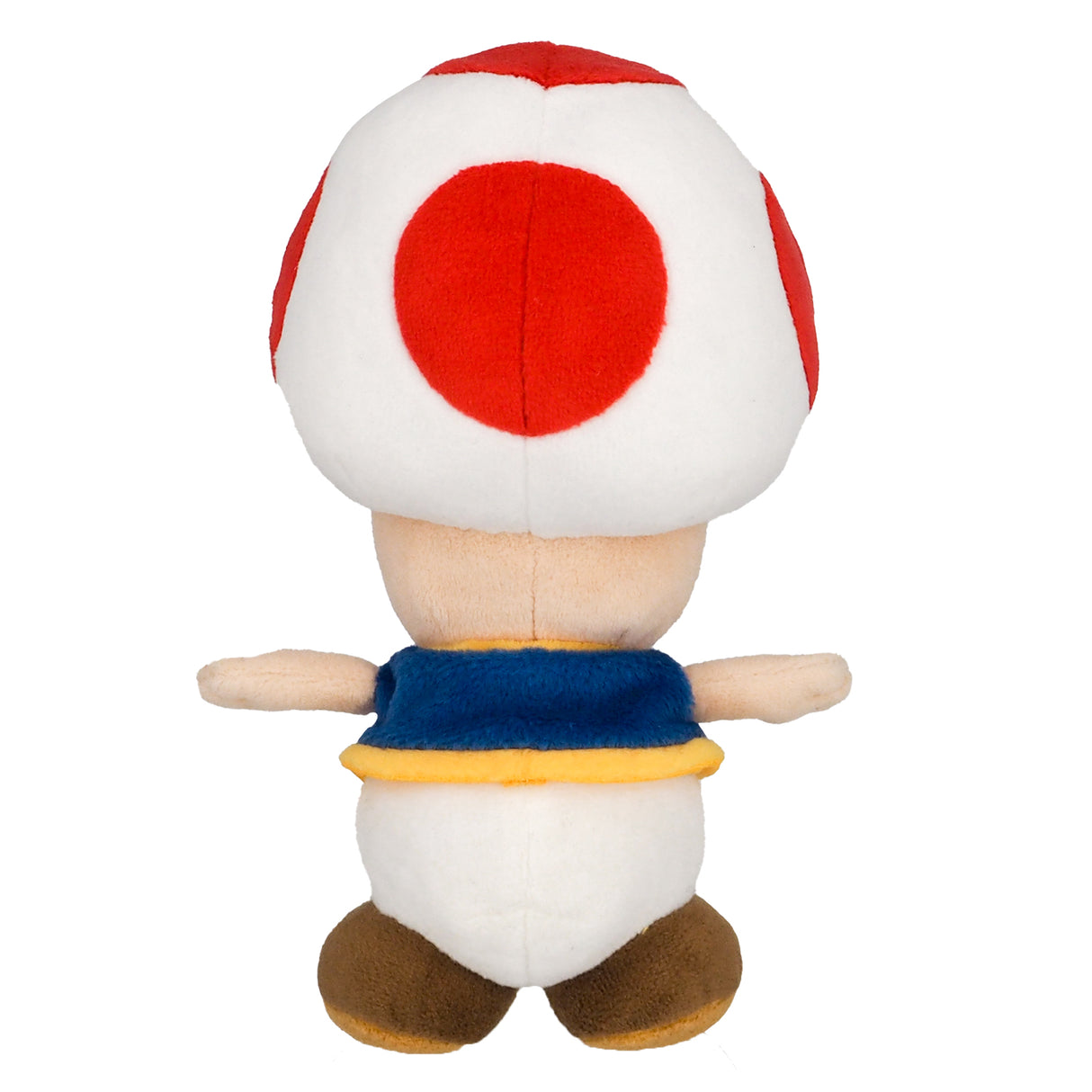Plüschfigur Toad von hinten mit weißem Pilzhut mit roten Punkten und blauer Weste
