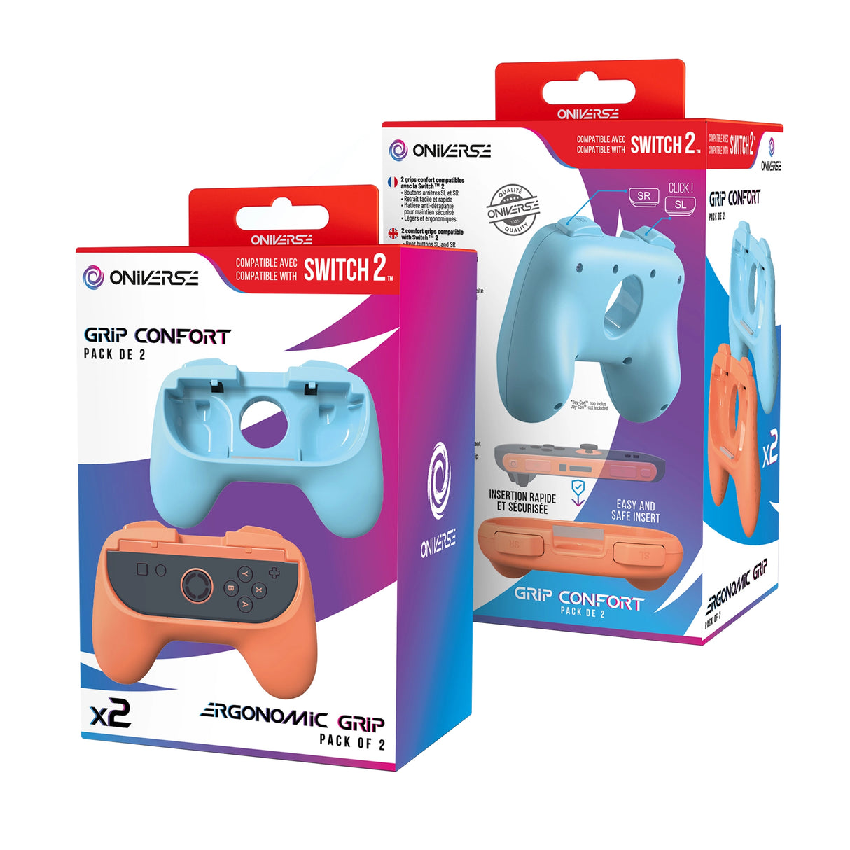 Zwei Oniverse Grip Confort Packungen für Switch 2, eine hellblau und eine orange