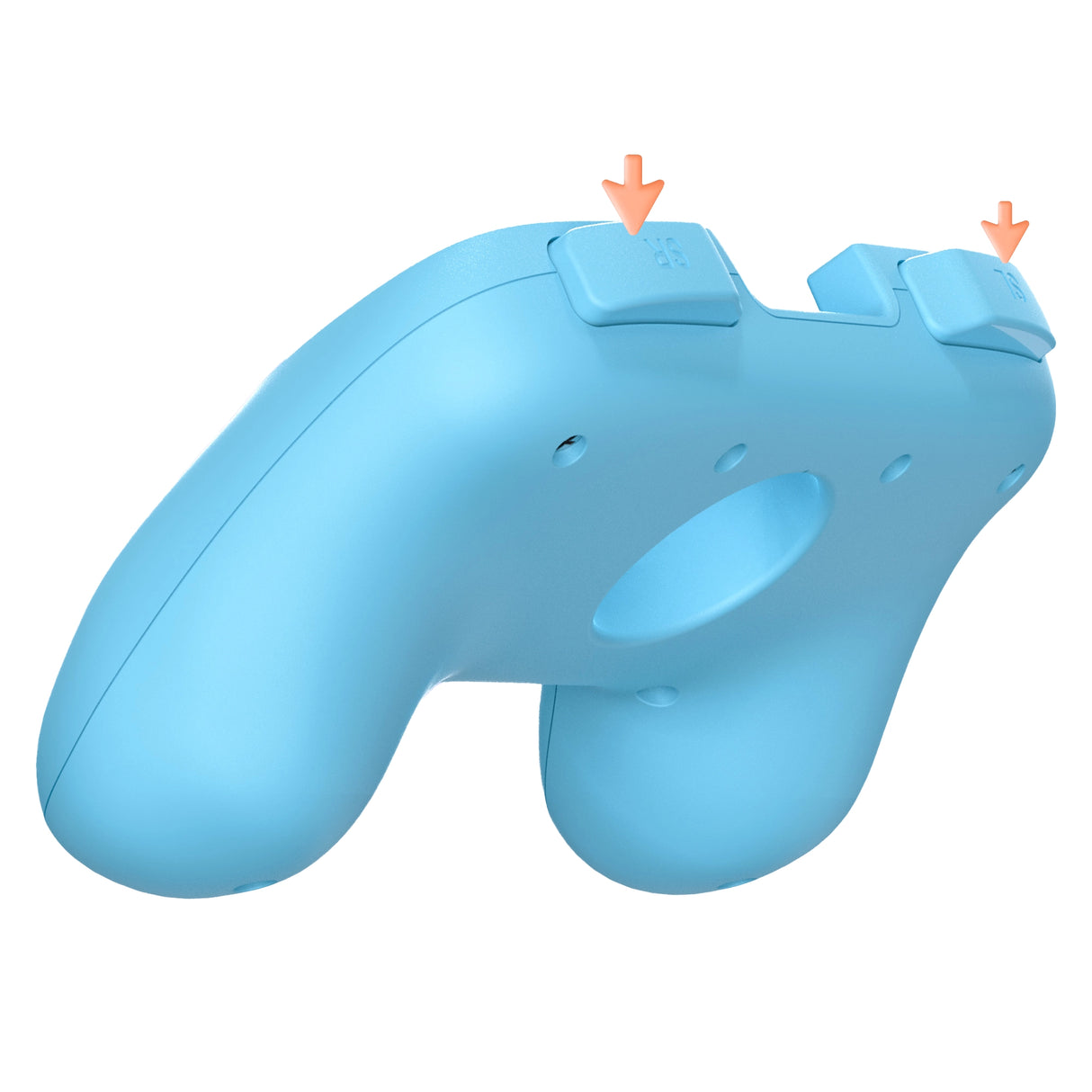Rückseite des blauen Controllers mit orangefarbenen Pfeilen, die auf die SR- und SL-Tasten zeigen