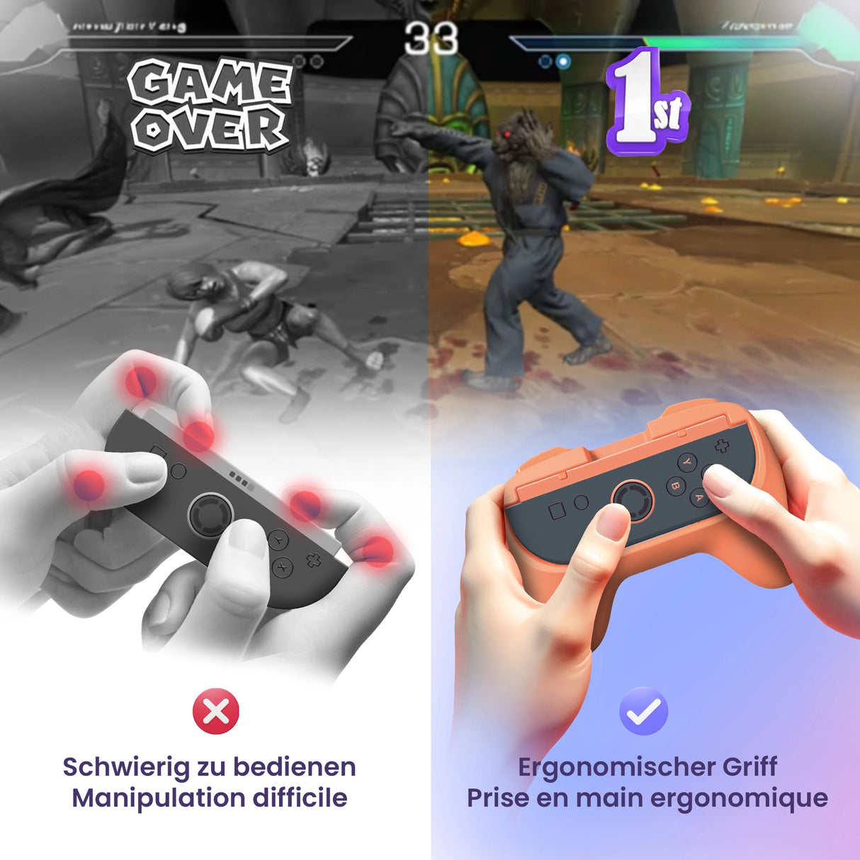 Vergleich von zwei Händen, die Controller halten, mit Spielszenen im Hintergrund