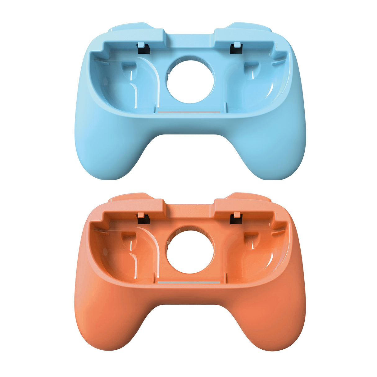 Zwei Controller-Halterungen, eine hellblaue und eine orangefarbene, mit runden Aussparungen in der Mitte