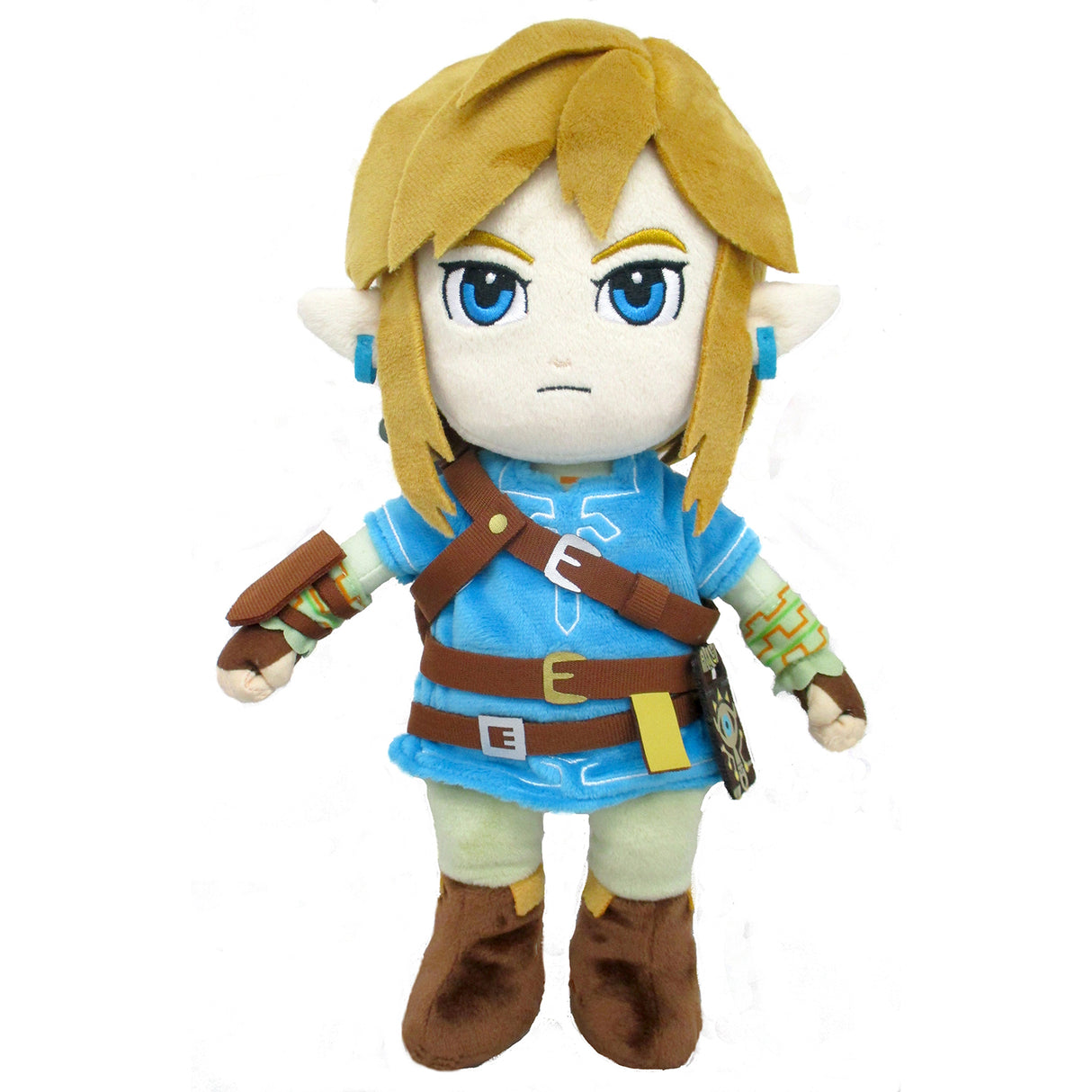 Plüschfigur von Link aus The Legend of Zelda mit blauer Tunika und braunen Stiefeln