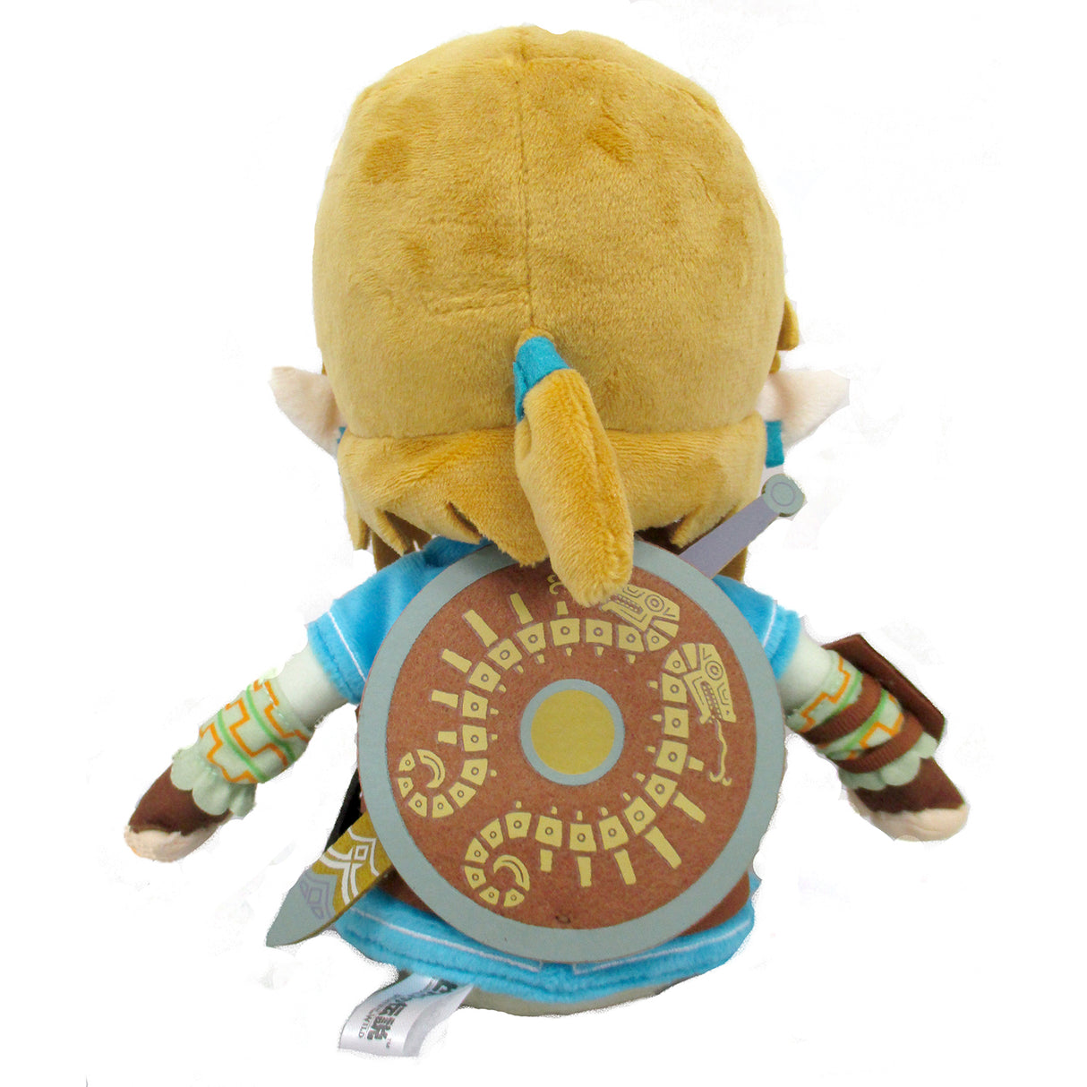 Plüschfigur von Link aus Zelda mit Schild auf dem Rücken