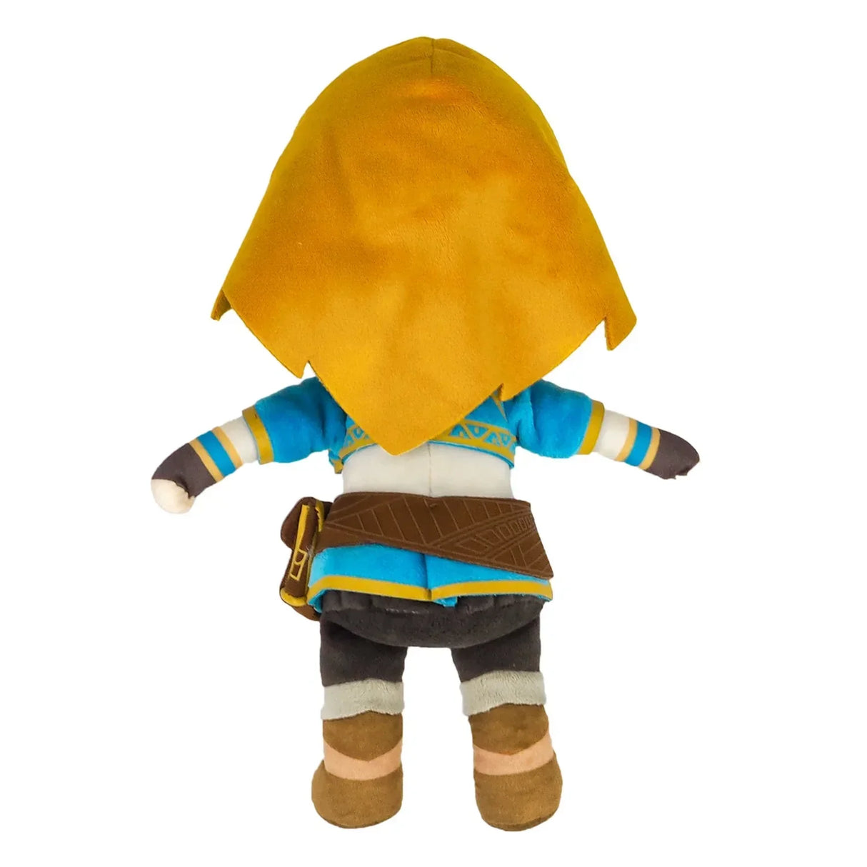 Plüschfigur von Link aus Zelda in blauer Tunika mit gelber Kapuze von hinten gesehen