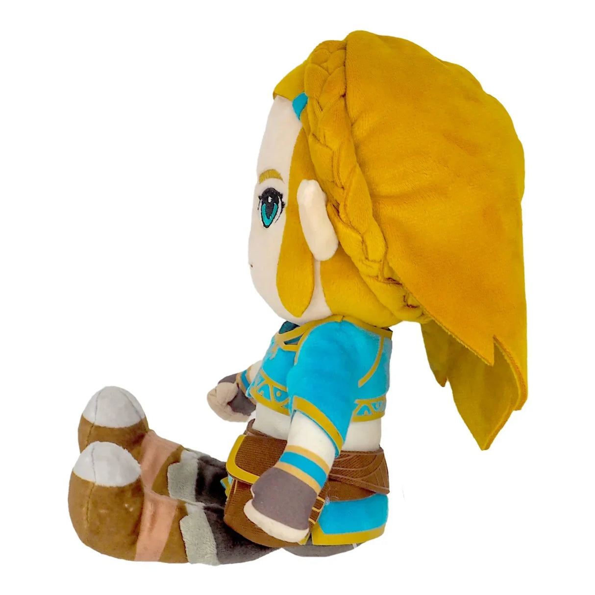 Plüschfigur von Prinzessin Zelda in blauem Gewand von der Seite gesehen