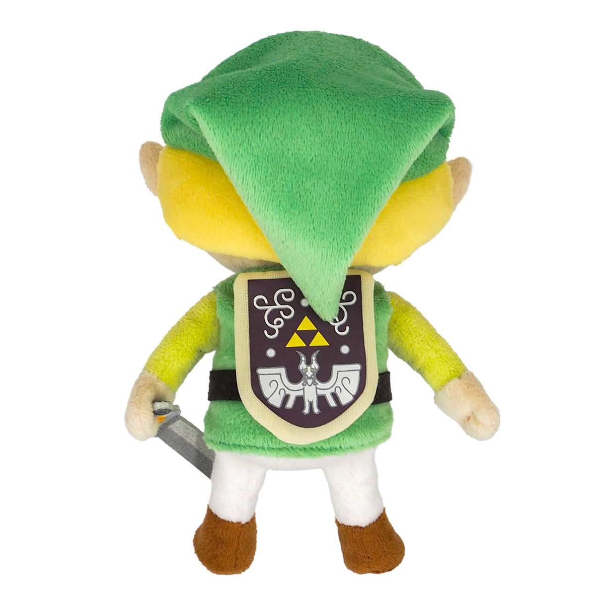Plüschfigur von Link aus The Legend of Zelda von hinten mit grünem Hut und Schild