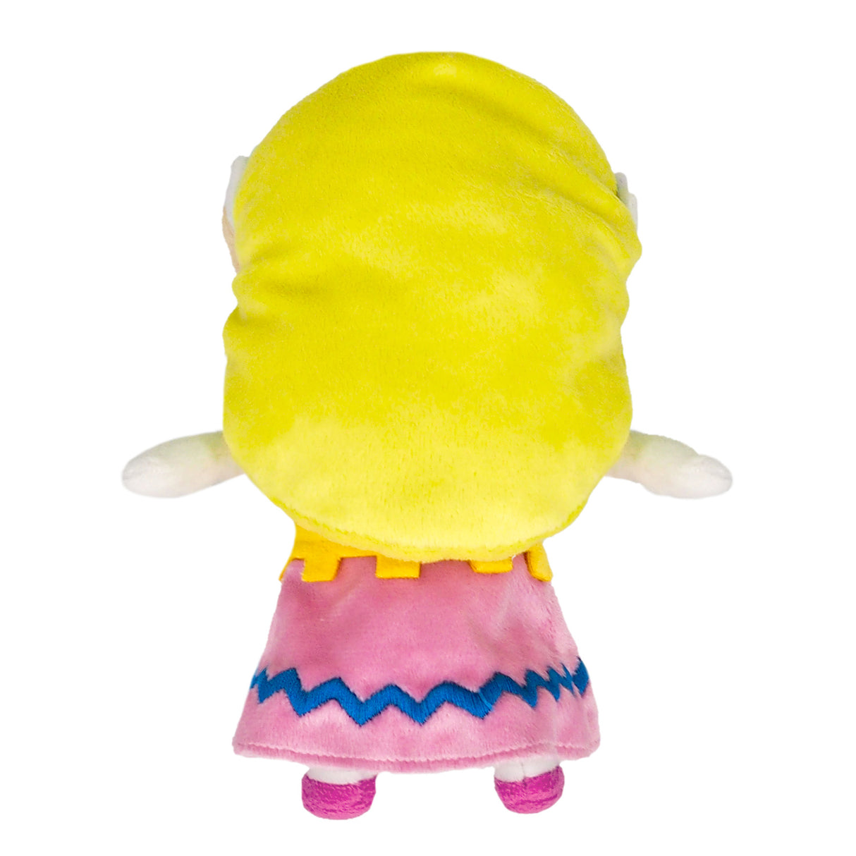 Rueckansicht einer Stoffpuppe mit blonden Haaren und rosa Kleid