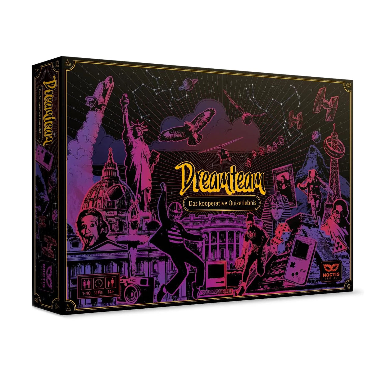 Spielschachtel des kooperativen Quizspiels Dreamteam mit Illustrationen berühmter Persönlichkeiten und Bauwerke