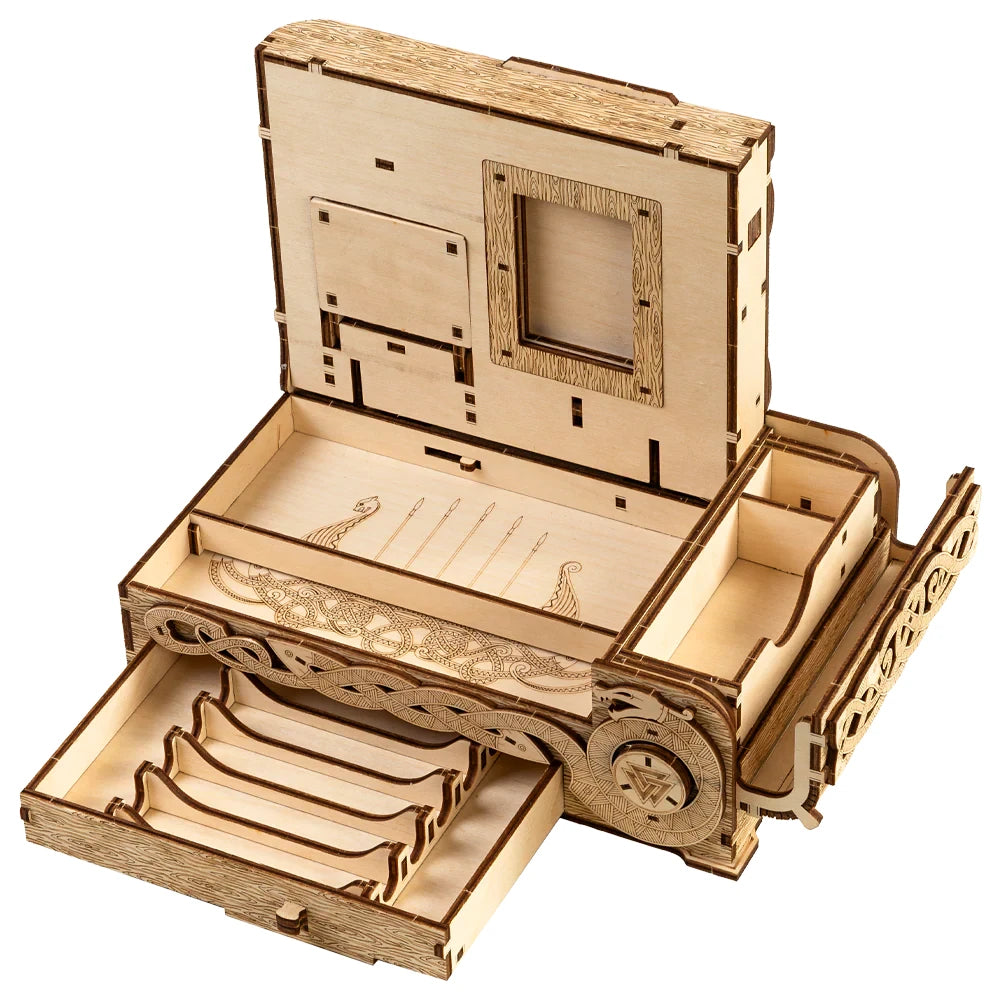 Holzschmuckkästchen mit Wikinger-Gravuren und ausziehbaren Fächern