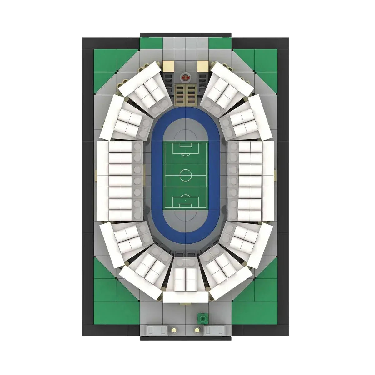 Modell eines Sportstadions mit Fußballfeld und blauer Laufbahn