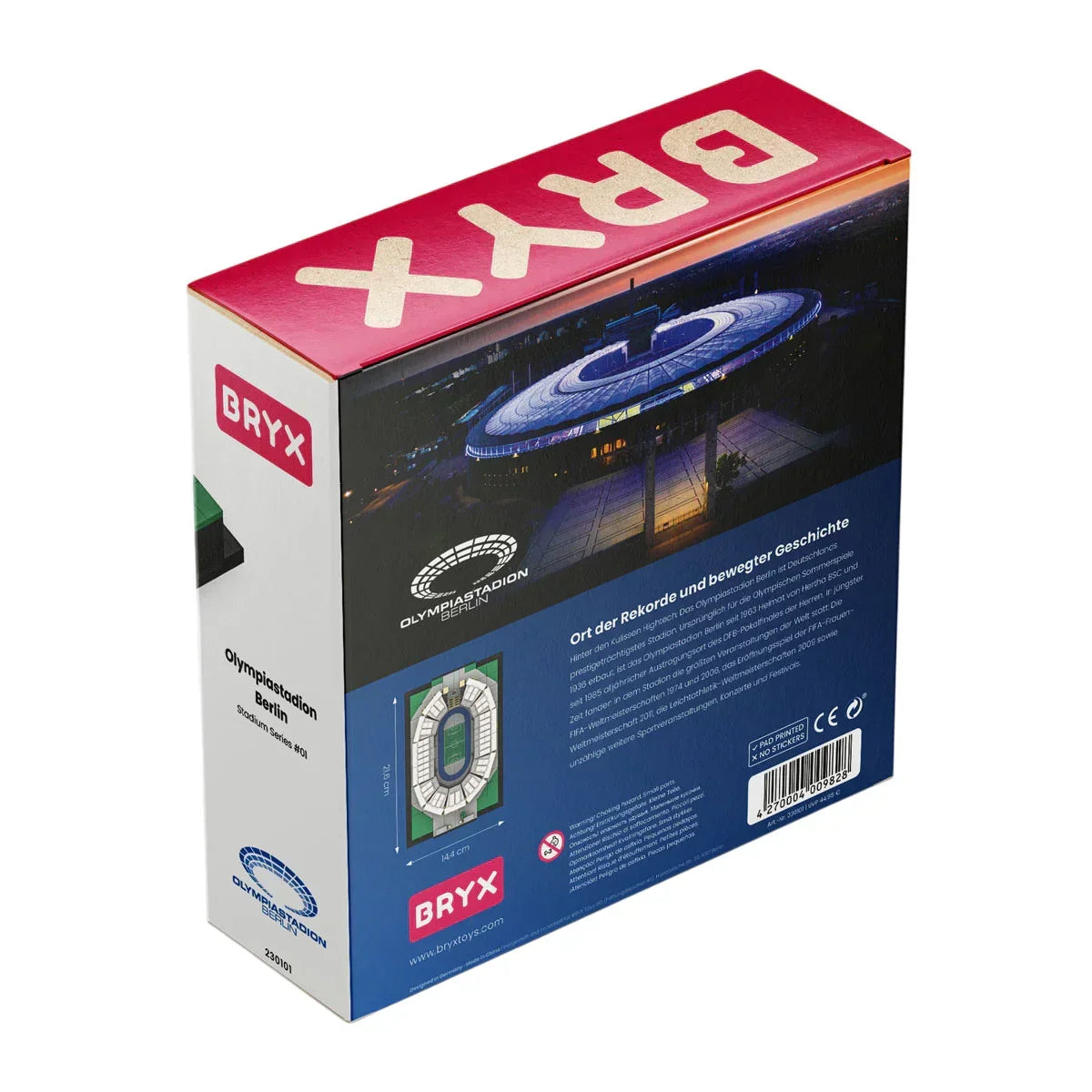 Verpackung des Olympiastadion Berlin Modells von BRYX mit Abbildungen des Stadions bei Nacht und von oben